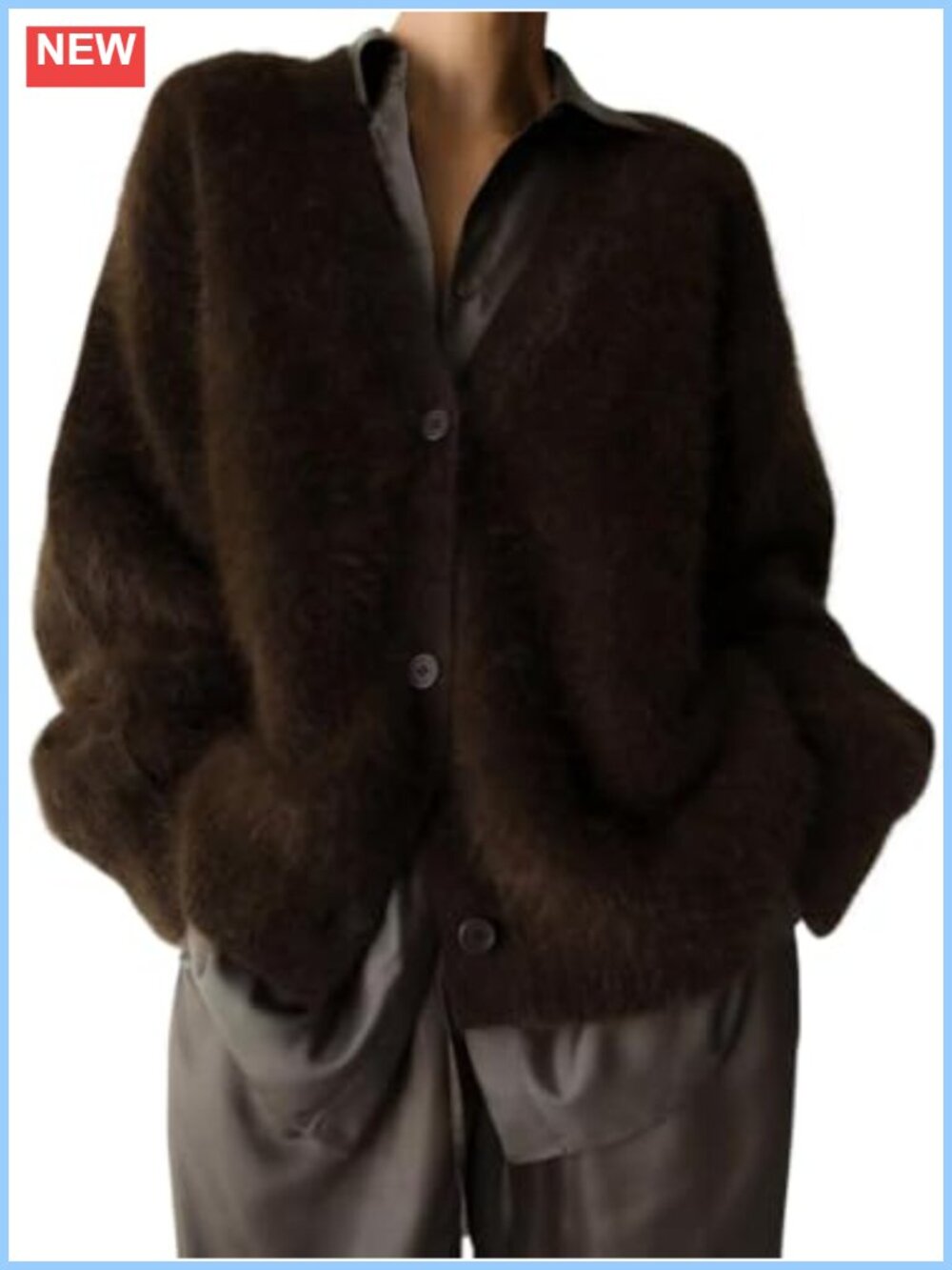 Womens Fuzzy Mohair Cardigan V-Neck Button Down Oversized Sweater